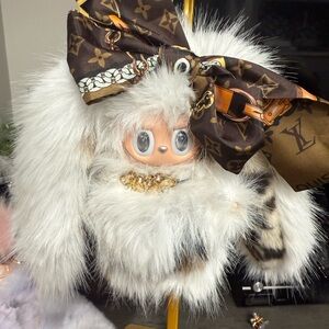 Plush Bunny Doll with White Faux Fur and Brown Accent Bow